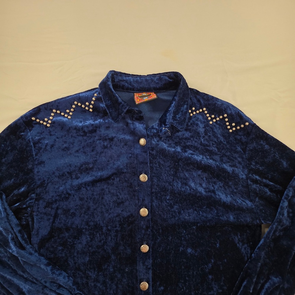 Circle T Western Wear Crushed Velvet Studded‎ Shirt Medium Navy Blue Cowgirl 90s